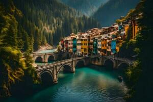 colorida casas em uma ponte sobre uma rio dentro Itália. gerado por IA foto