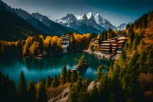 uma lago cercado de montanhas e árvores gerado por IA foto