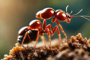 uma fechar acima do uma vermelho formiga. gerado por IA foto