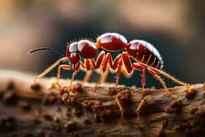 uma vermelho formiga é em pé em uma ramo. gerado por IA foto