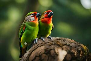 dois colorida papagaios sentado em topo do uma árvore. gerado por IA foto