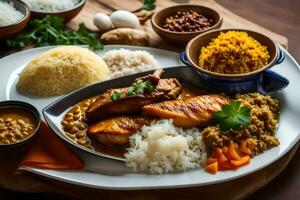 uma prato do Comida com arroz, frango, legumes e arroz. gerado por IA foto