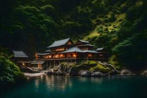 uma japonês casa em uma montanha lado. gerado por IA foto