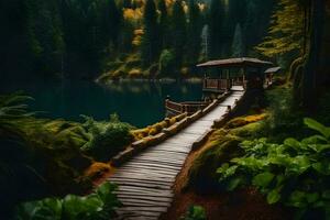 uma de madeira passarela conduz para uma lago cercado de árvores gerado por IA foto