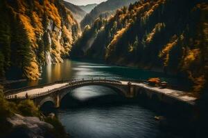 uma ponte sobre uma rio dentro a montanhas. gerado por IA foto