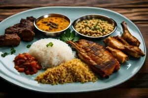 uma prato do Comida com arroz, carne, e legumes. gerado por IA foto