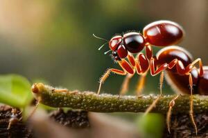 uma fechar acima do uma vermelho formiga em uma ramo. gerado por IA foto