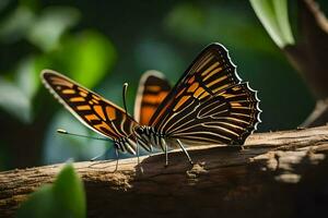 dois borboletas estão sentado em uma ramo. gerado por IA foto