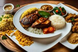 uma prato do Comida com arroz, frango e legumes. gerado por IA foto