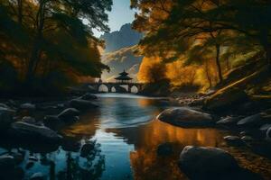 uma ponte sobre uma rio dentro a montanhas. gerado por IA foto