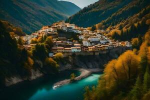 uma pequeno Vila cercado de árvores dentro a montanhas. gerado por IA foto