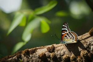 uma borboleta senta em uma árvore ramo dentro a floresta. gerado por IA foto