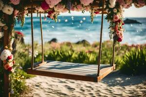 uma de praia Casamento com uma balanço. gerado por IA foto