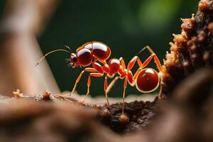 uma vermelho formiga é em pé em uma árvore ramo. gerado por IA foto