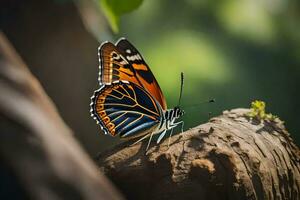 uma borboleta é sentado em uma árvore ramo. gerado por IA foto
