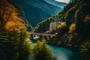 uma Igreja senta em uma ponte sobre uma rio dentro a montanhas. gerado por IA foto