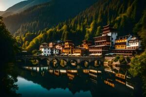 a Vila do tibetano dentro a montanhas. gerado por IA foto