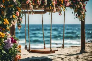 a balanço é decorado com flores e uma de madeira quadro. gerado por IA foto