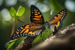 dois borboletas estão sentado em uma ramo junto. gerado por IA foto