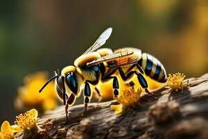 uma abelha é sentado em uma registro com amarelo flores gerado por IA foto