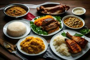 uma mesa com vários pratos do Comida. gerado por IA foto