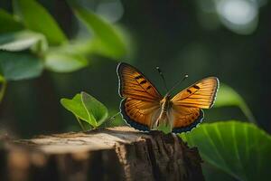 borboleta em uma árvore toco. gerado por IA foto