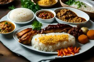 uma prato do Comida com arroz, carne, legumes e de outros pratos. gerado por IA foto