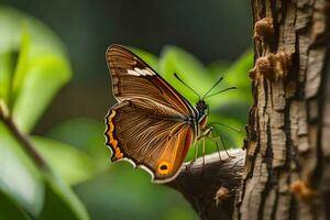 uma Castanho borboleta senta em uma árvore ramo. gerado por IA foto