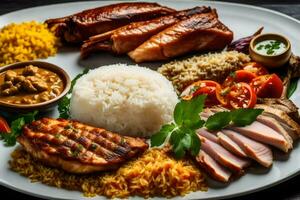 uma prato do Comida com arroz, carne, e legumes. gerado por IA foto