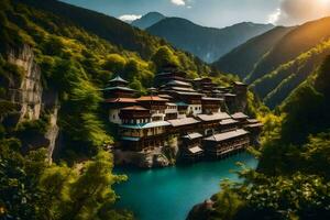a lindo mosteiro dentro a montanhas. gerado por IA foto