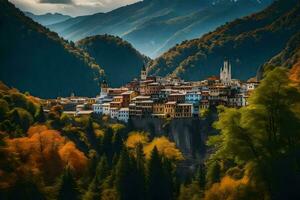 uma pequeno Cidade dentro a montanhas cercado de árvores gerado por IA foto