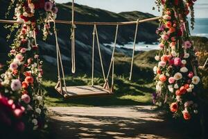 uma balanço suspensão a partir de uma de madeira quadro, Armação cercado de flores gerado por IA foto