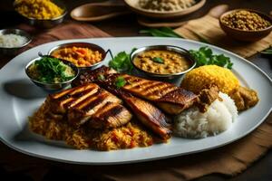 uma prato do Comida com arroz, carne e legumes. gerado por IA foto