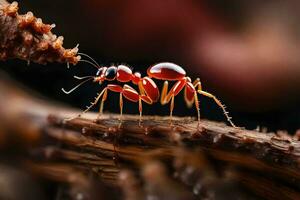 uma vermelho formiga em uma ramo. gerado por IA foto