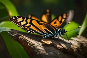 uma borboleta é sentado em uma ramo com verde folhas. gerado por IA foto