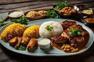 frango, arroz, e legumes em uma placa. gerado por IA foto