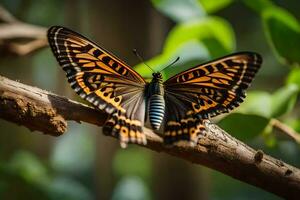 uma borboleta com Preto e laranja asas é sentado em uma ramo. gerado por IA foto