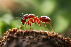 uma vermelho formiga é em pé em topo do uma registro. gerado por IA foto