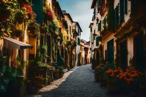 uma limitar calçada portuguesa rua com colorida flores e plantas. gerado por IA foto