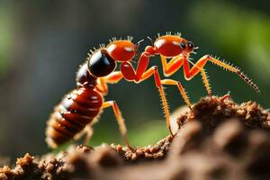 a formiga é em pé em topo do uma peça do madeira. gerado por IA foto