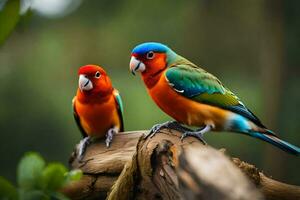 dois colorida pássaros sentado em uma ramo. gerado por IA foto
