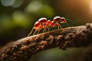a formiga é caminhando em uma ramo. gerado por IA foto