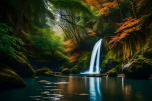 uma cascata dentro a meio do uma floresta. gerado por IA foto