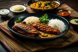 frango Curry com arroz e legumes em uma de madeira mesa. gerado por IA foto