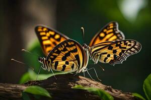 dois borboletas estão sentado em topo do uma ramo. gerado por IA foto
