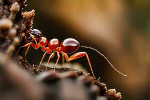 uma vermelho formiga rastejando em uma árvore porta-malas. gerado por IA foto