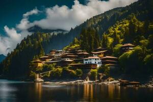 uma lindo montanha Vila em a costa do uma lago. gerado por IA foto