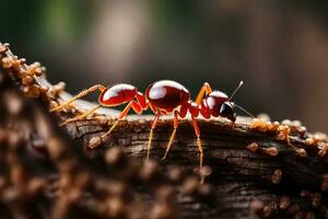 uma vermelho formiga é rastejando em uma ramo. gerado por IA foto