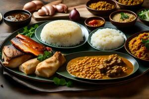 uma prato do Comida com arroz, carne e legumes. gerado por IA foto