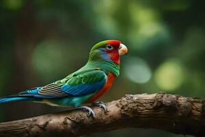 uma colorida papagaio senta em uma ramo. gerado por IA foto